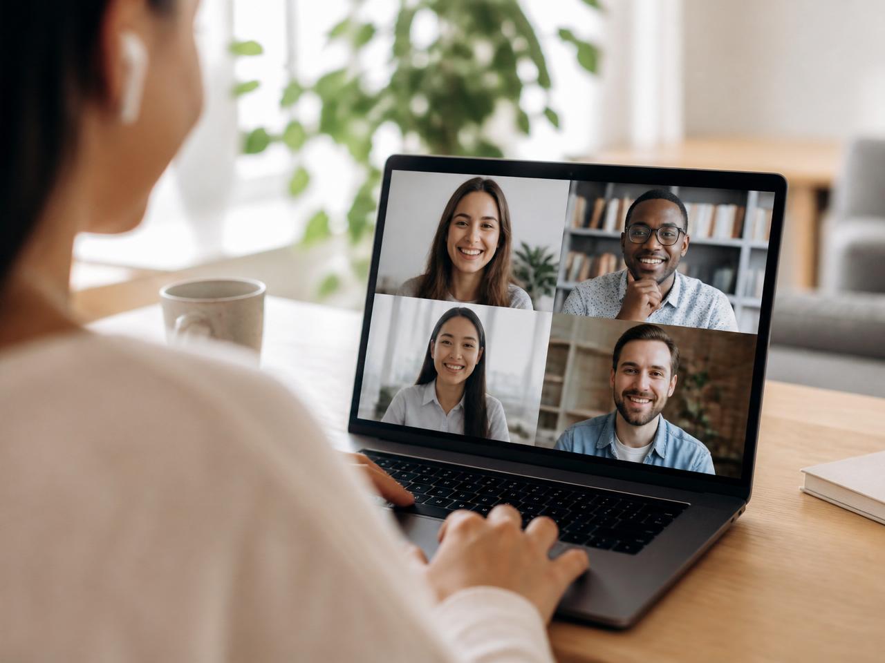 Videokonferenz mit vier lächelnden Teilnehmern auf einem Laptop